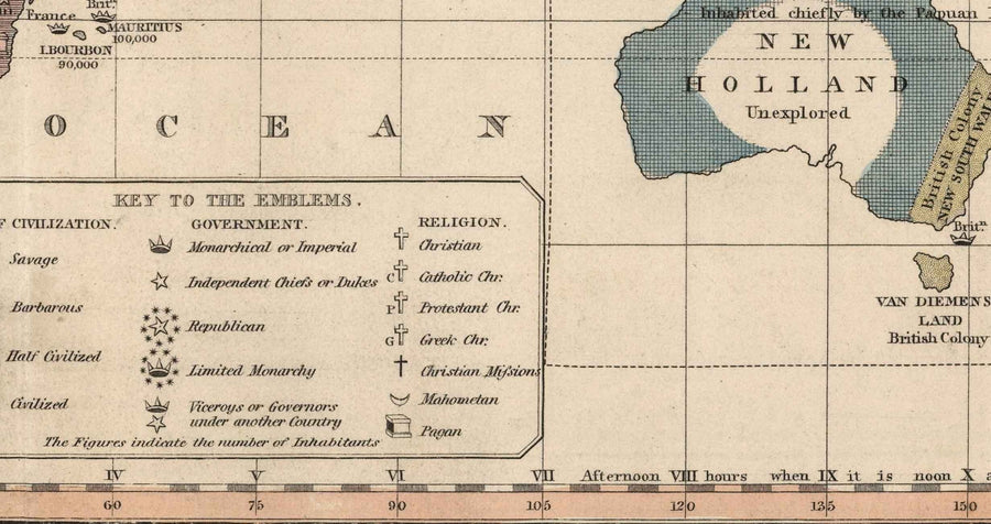 Mappa Politica Mondiale Antica, 1828 - Credenze Religiose Storiche, Governo, Livello di Civiltà, Barbari e Selvaggi 