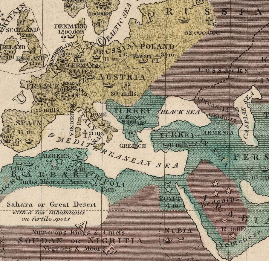 Mappa Politica Mondiale Antica, 1828 - Credenze Religiose Storiche, Governo, Livello di Civiltà, Barbari e Selvaggi 