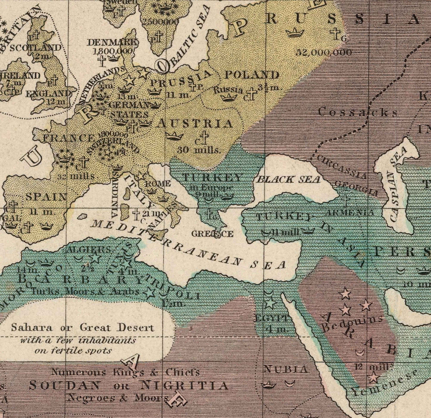 Old Political World Map, 1828 - Historical Religious Beliefs, Government, Civilisation Level, Barbarians & Savages