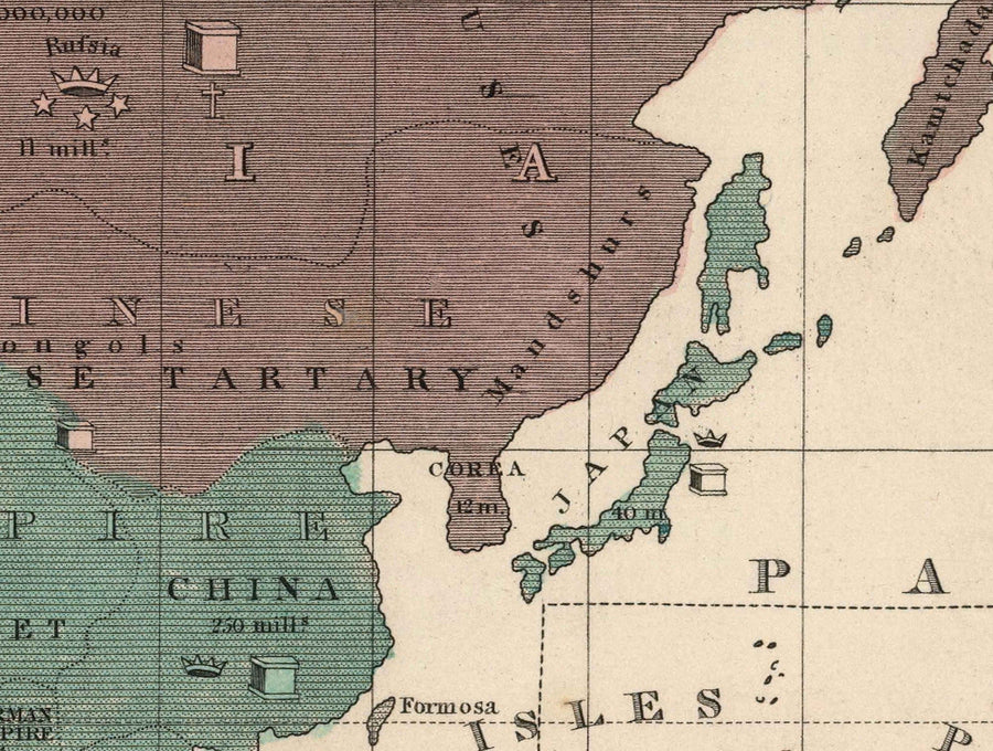 Mappa Politica Mondiale Antica, 1828 - Credenze Religiose Storiche, Governo, Livello di Civiltà, Barbari e Selvaggi 