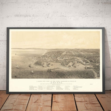 Vecchia mappa di Odessa, Ucraina, 1855 - Città portuale del Mar Nero - Forti, Cittadella, Centro città - Illustrazione a volo d&