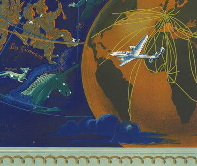 Ancienne carte du monde céleste et zodiacale d'Air France, 1959 par Bucher - Carte historique des itinéraires en avion, Constellations