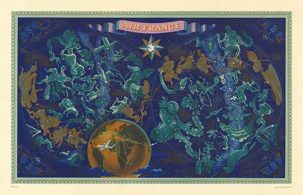 Antiguo mapa del mundo celeste y zodiacal de Air France, 1959, por Bucher - Carta histórica de rutas aéreas, constelaciones