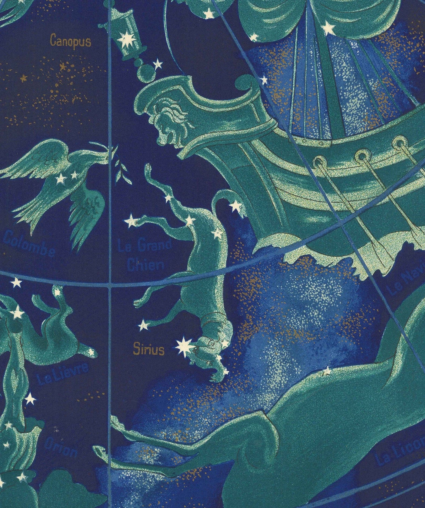 Ancienne carte du monde céleste et zodiacale d'Air France, 1959 par Bucher - Carte historique des itinéraires en avion, Constellations