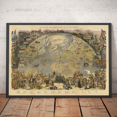 Antiguo mapa del mundo, 1876 - "Una vuelta al mundo" de Le Monde - Exploración del siglo XIX, Historia, Colonialismo