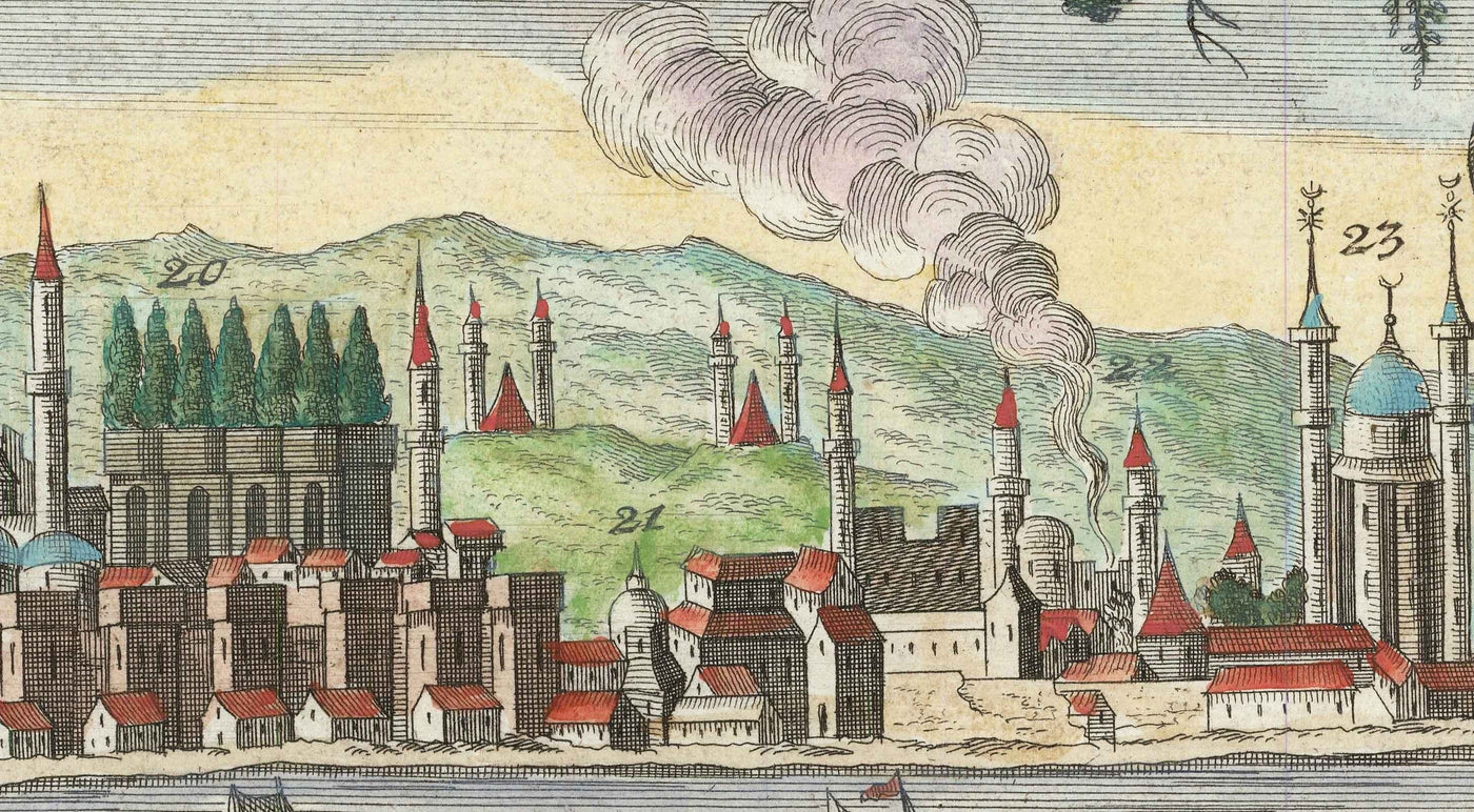 Alte Karte von Istanbul (Konstantinopel) 1720 von Wolff - Osmanische, byzantinische Architektur - Topkapi-Palast, Hagia Sophia, Moscheen
