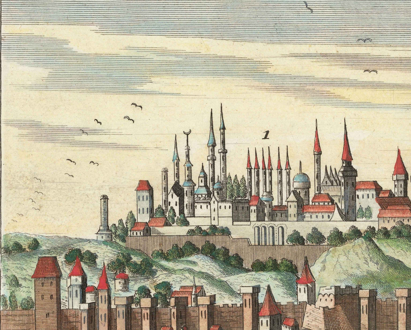 Ancienne carte d'Istanbul (Constantinople) 1720 par Wolff - Architecture ottomane et byzantine - Palais de Topkapi, Sainte-Sophie, mosquées