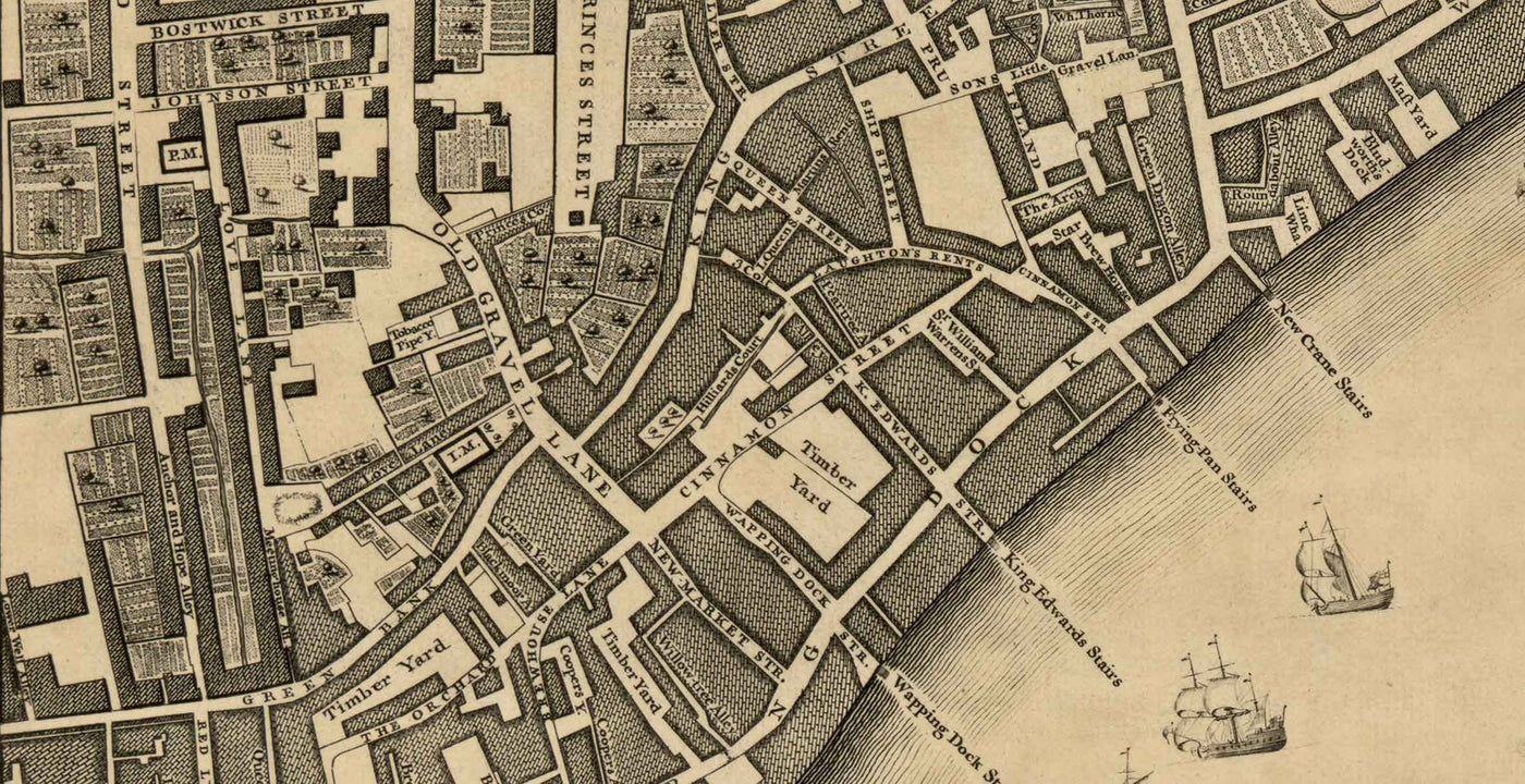 Antiguo mapa de John Rocque Londres, 1746, G2 - Wapping, Shadwell, Rotherhithe, Thames, Tower Hamlets, E1W, Southwark