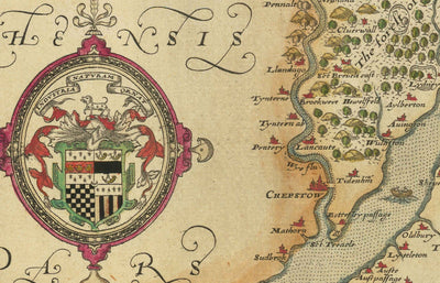 Raro mapa antiguo de Gloucestershire, 1575 por Saxton - Bristol, Cheltenham, Cotswolds, Tewkesbury, Cirencester, Stroud
