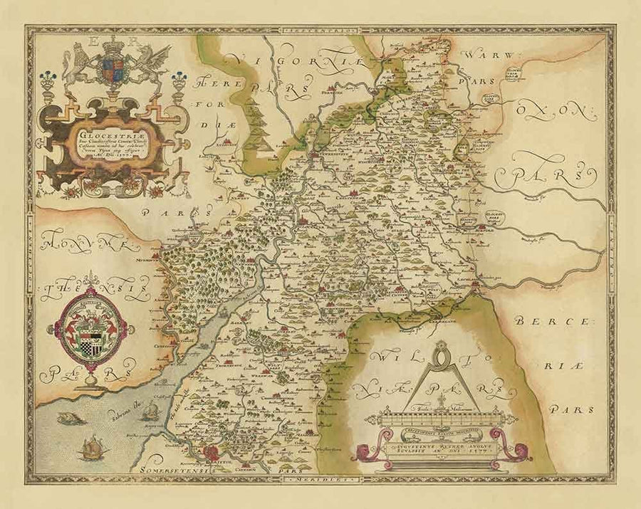 Rara Mappa Antica del Gloucestershire, 1575 di Saxton - Bristol, Cheltenham, Cotswolds, Tewkesbury, Cirencester, Stroud 