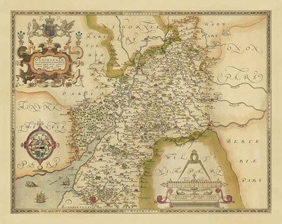 Seltene alte Karte von Gloucestershire, 1575 von Saxton - Bristol, Cheltenham, Cotswolds, Tewkesbury, Cirencester, Stroud