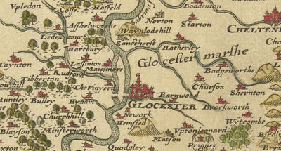 Seltene alte Karte von Gloucestershire, 1575 von Saxton - Bristol, Cheltenham, Cotswolds, Tewkesbury, Cirencester, Stroud