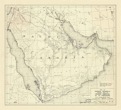 Ancienne carte d'Aramco, 1953 - Première carte de l'Arabian American Oil Company - Arabie Saoudite, pipelines, extraction, Dubaï, Riyadh