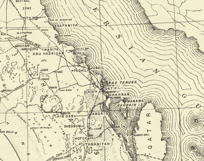 Antiguo mapa de Aramco, 1953 - Primer mapa de la Arabian American Oil Company - Arabia Saudí, oleoductos, extracción, Dubai, Riyadh