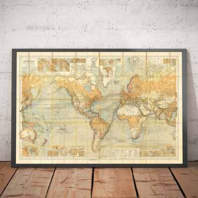 Antiguo mapa del mundo de las rutas marítimas, 1873 de Berghaus - Carta del Atlas Gigante - Transporte marítimo, ferrocarriles, puertos, barcos de vapor