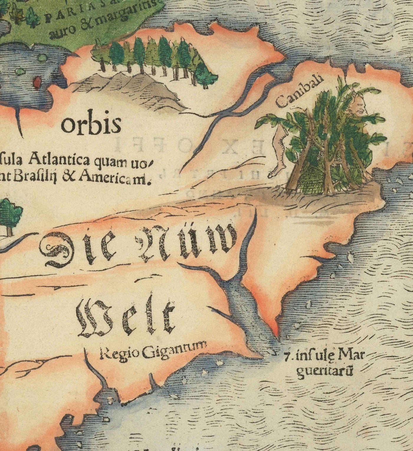 Antiguo mapa de América del Norte y del Sur, 1544 de Munster - Primer atlas impreso de las Américas - Estados Unidos, México, antes de la colonización