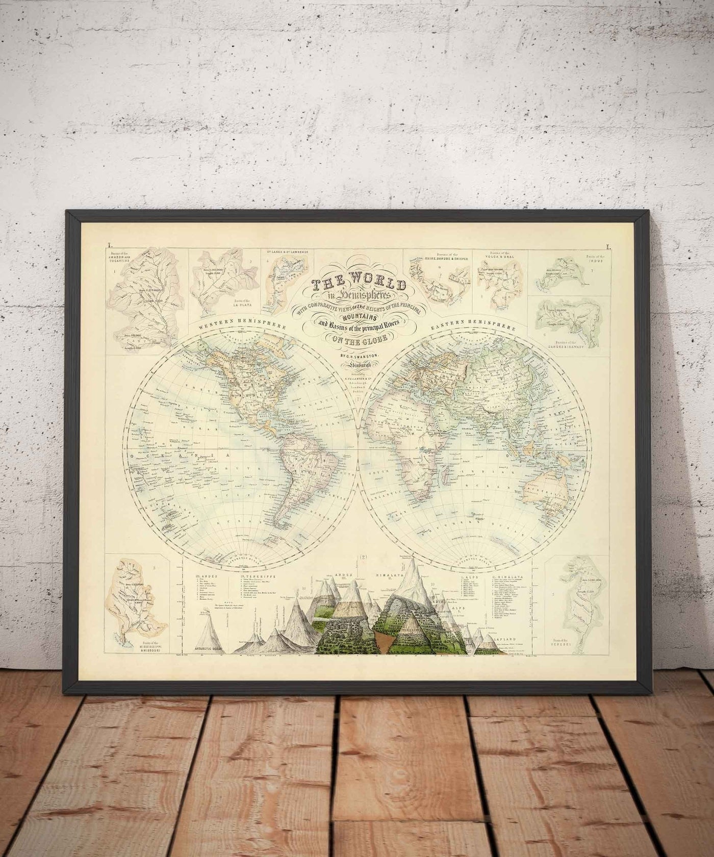 Antiguo mapa del mundo, 1872 por Fullarton - Atlas victoriano de proyección del doble hemisferio, ríos, montañas (¡no hay Everest!)
