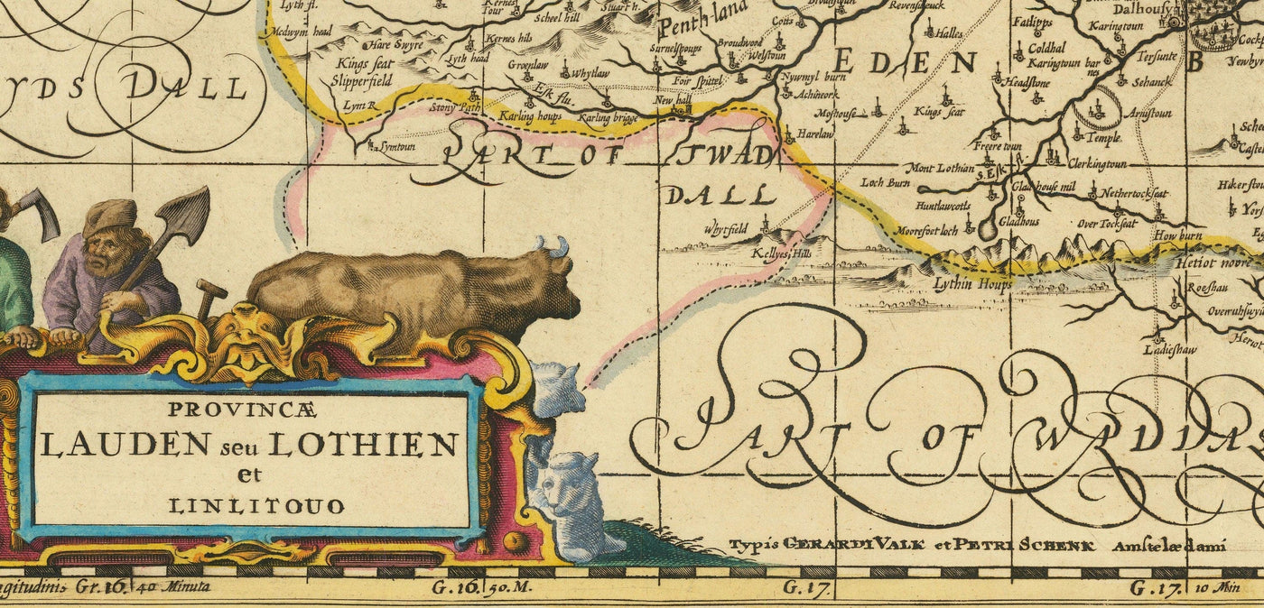 Ancienne carte de Lothian & Edinburgh, 1690 - Queensferry, Linlithgow, Firth of Forth, Haddington, Dalkeith, Loanhead