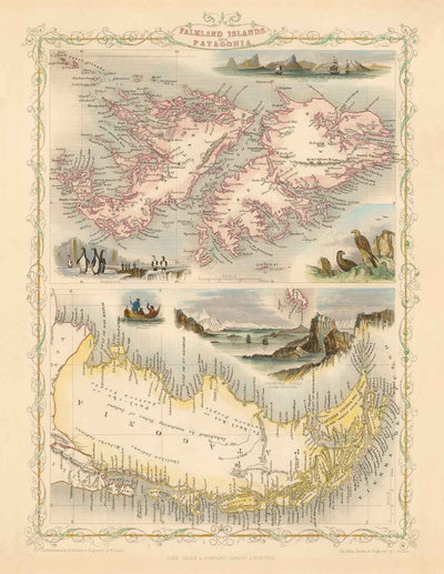Alte Karte Falklandinseln & Patagonien, 1851 - Südamerika, Kap Hoorn, Malwinen, Feuerland, Britisches Empire