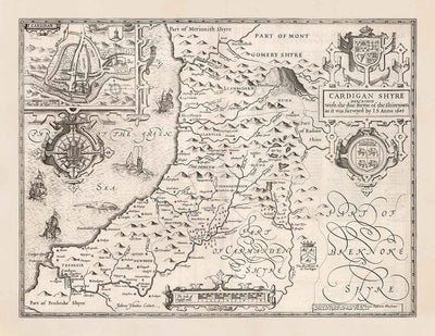 Old monochrome Carte of Ceredigion, Wales, 1611 par John Speed ​​- Aberystwyth, Cardigan, Aberporth, Aberarth