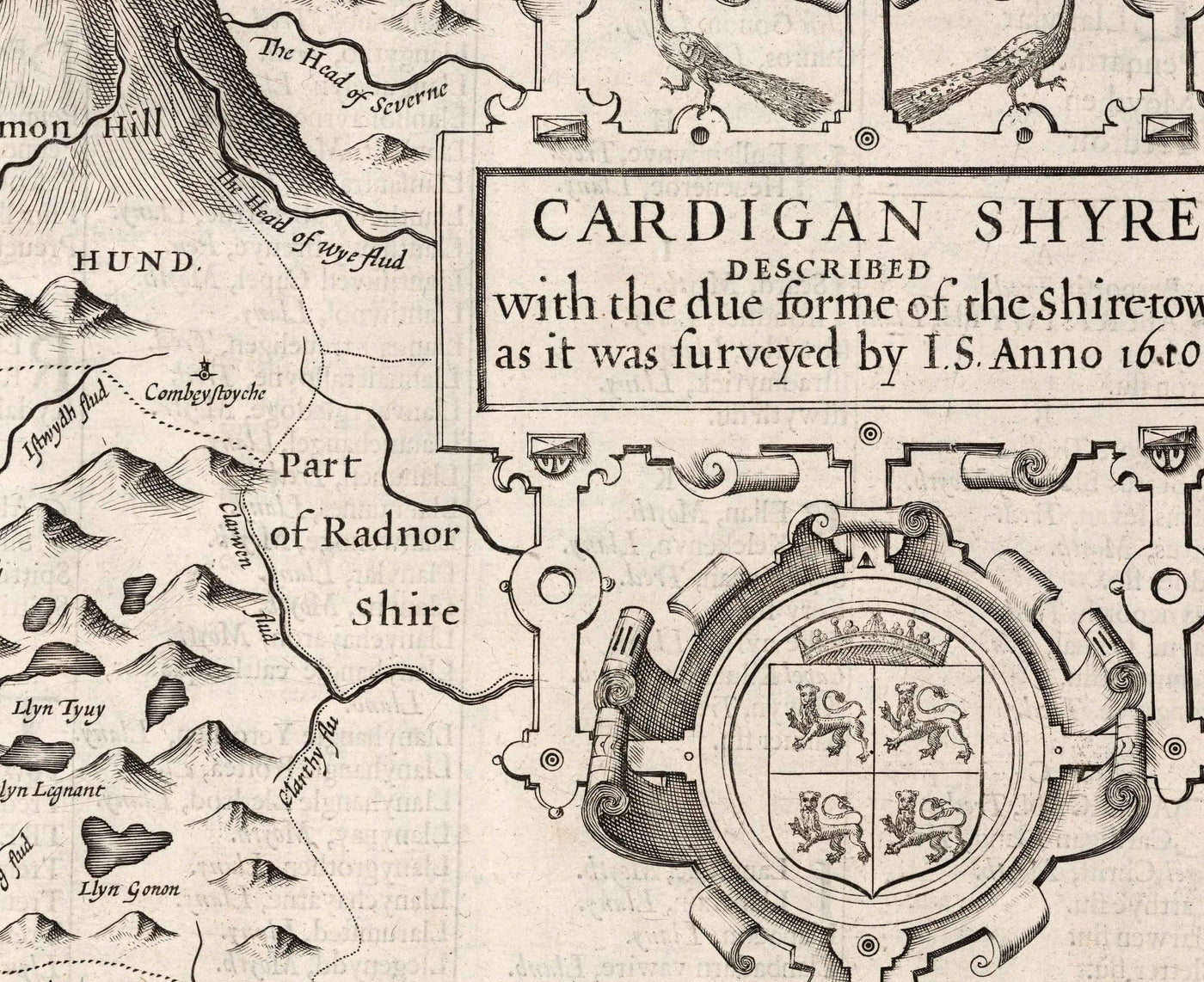 Antiguo mapa monocromo de Ceredigion, Gales, 1611 por John Speed - Aberystwyth, Cardigan, Aberporth, Aberarth