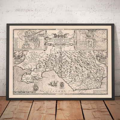 Old Monochrome Map of Glamorgan, Wales, 1611 by John Speed - Cardiff, Swansea, Bridgend, Port Talbot, Barry