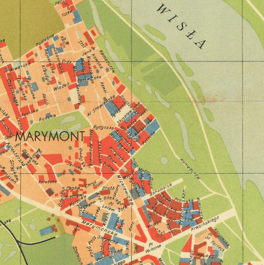 Antiguo mapa de la destrucción nazi de Varsovia, 1949 - Gráfico soviético censurado de la Segunda Guerra Mundial - Ciudad Vieja, Gueto, Muranow, Praga