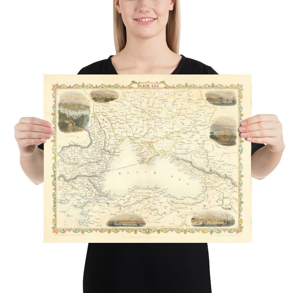 Antiguo mapa del Mar Negro, 1854 - Guerra de Crimea, Rusia, Ucrania, Europa, Imperio Otomano, Turquía, Balcanes, Grecia