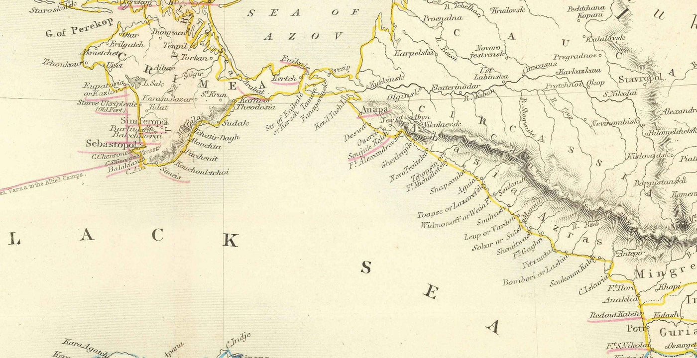 Vieille carte de la mer Noire, 1854 - Guerre de Crimée, Russie, Ukraine, Europe, Empire ottoman, Turquie, Balkans, Grèce