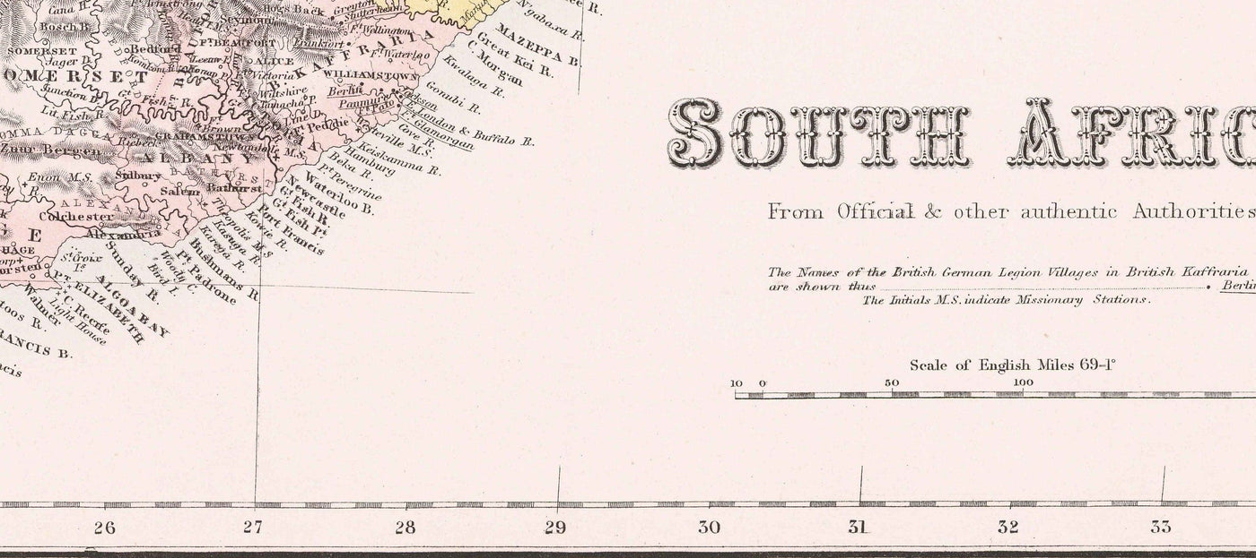 Old Map of South Africa, 1860 - British & Dutch Cape Colony - Durban, Pretoria, Cape Town, Botswana, Namibia