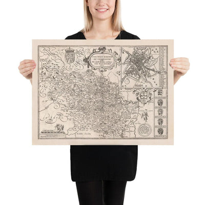 Old Monochrome Map of West Yorkshire, 1611 par John Speed ​​- York, Bradford, Sheffield, Leeds, Huddersfield, Harrogate, Skipton