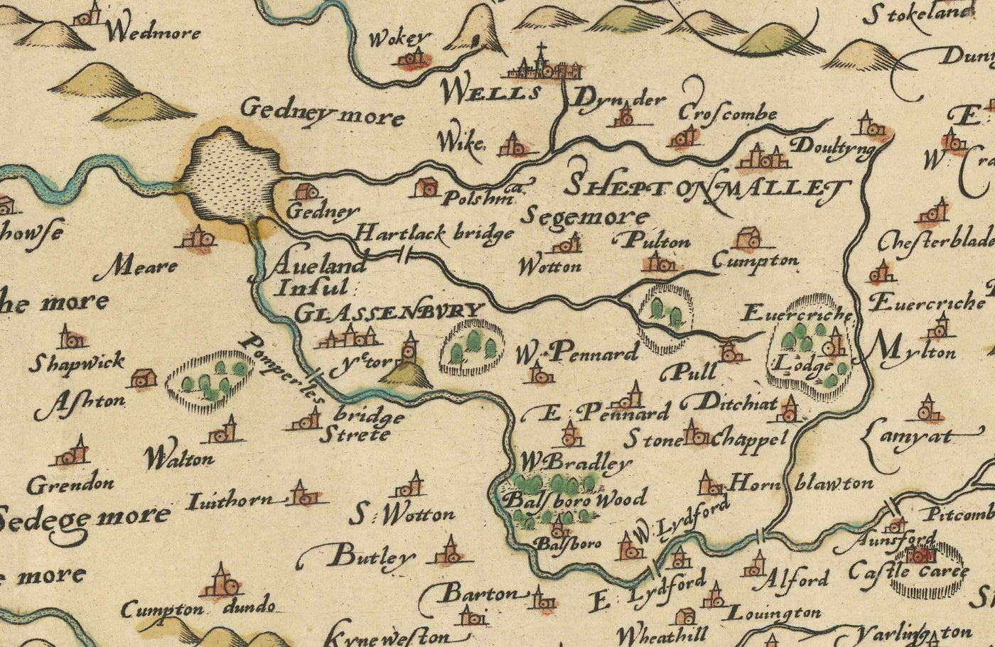 Raro mapa antiguo de Somerset, 1575 por Saxton - Bath, Bristol, West Country, Mendips, Weston-super-Mare