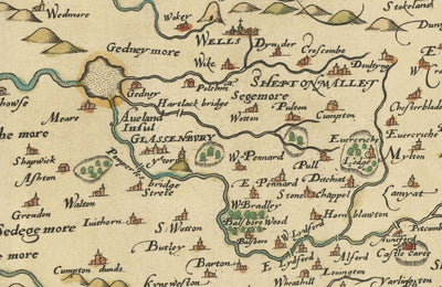 Seltene alte Karte von Somerset, 1575 von Saxton-Bath, Bristol, West Country, Mendips, Weston-Super-Mare