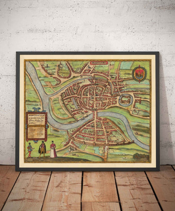 Alte Karte von Bristol, 1588 von Braun - Brightstowe, Avon, St. Nicholas, Newgate, Wappen 