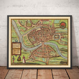 Ancienne carte de Bristol, 1588 par Braun - Brightstowe, Avon, St Nicholas, Newgate, armoiries