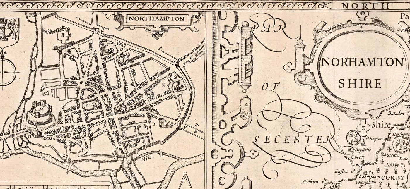 Antiguo mapa monocromo de Northamptonshire, 1611 por John Speed - Northampton, Kettering, Peterborough, Corby, Stamford, Brackley