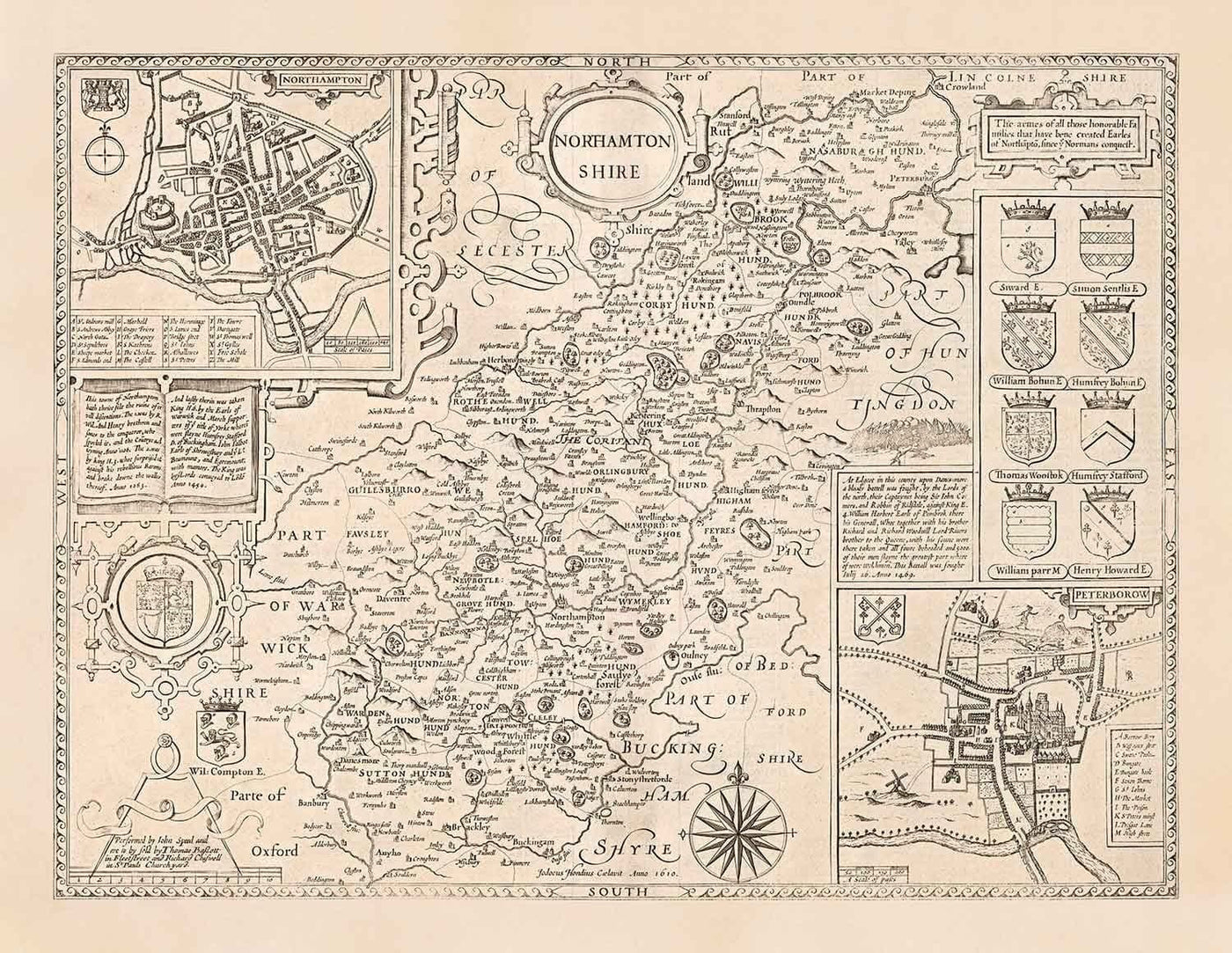 Antiguo mapa monocromo de Northamptonshire, 1611 por John Speed - Northampton, Kettering, Peterborough, Corby, Stamford, Brackley