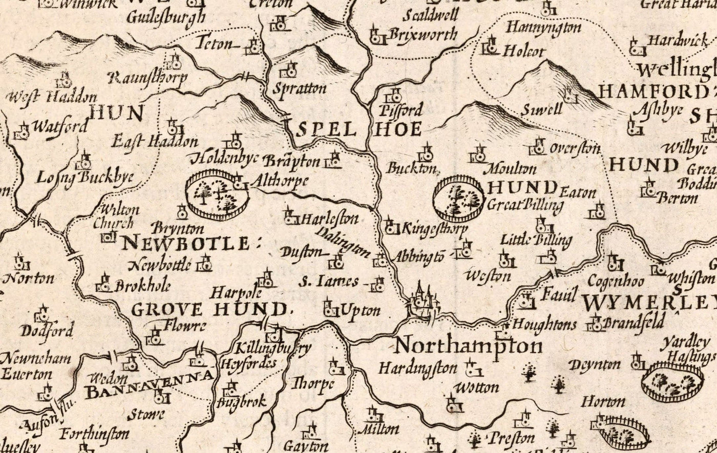 Alte monochrome Karte von Northamptonshire, 1611 von John Speed ​​- Northampton, Kettering, Peterborough, Corby, Stamford, Brackley