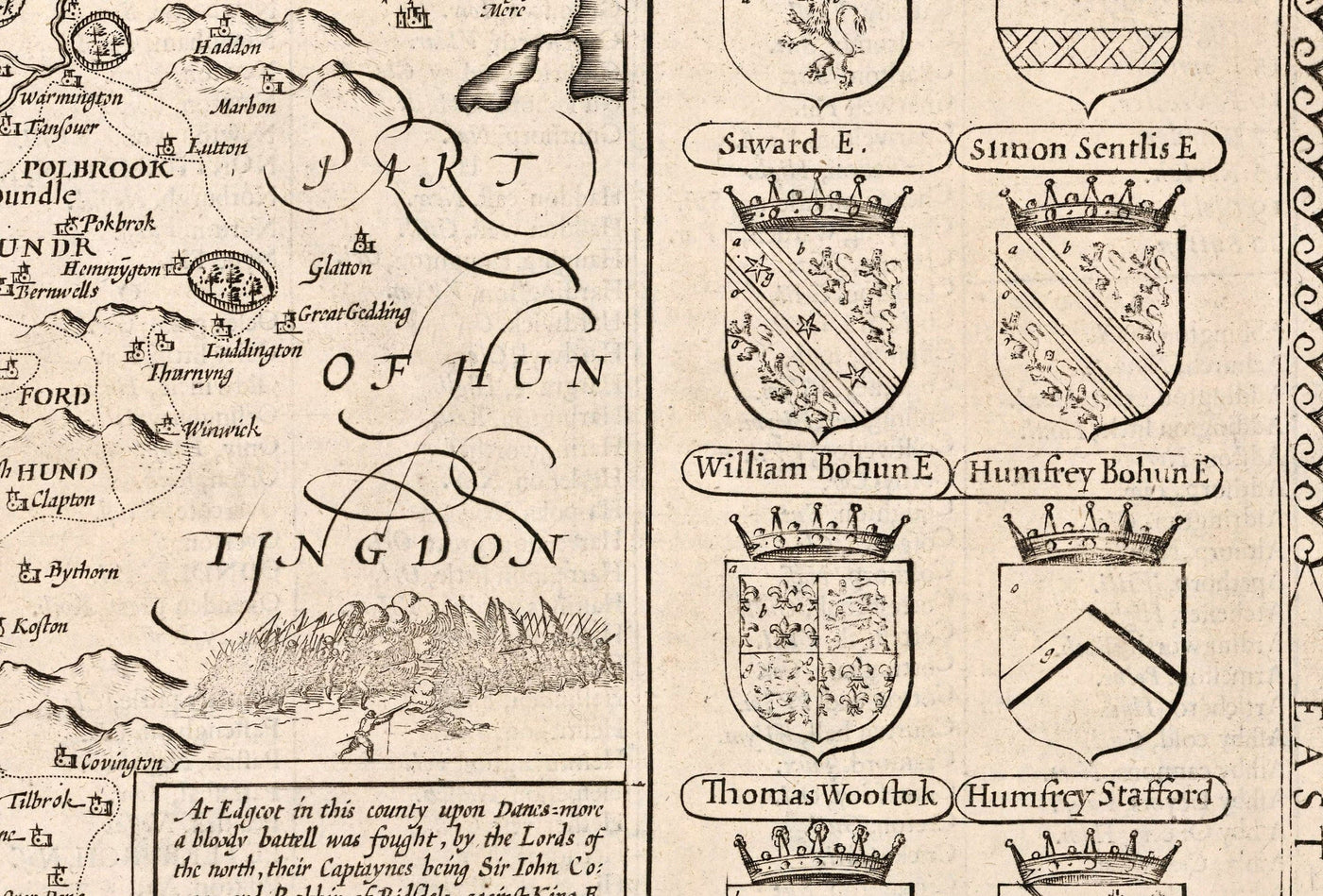 Old monochrome Carte of Northamptonshire, 1611 par John Speed ​​- Northampton, Kettering, Peterborough, Corby, Stamford, Brackley