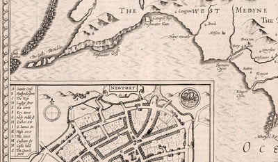 Antiguo mapa monocromo de la Isla de Wight, 1611 por John Speed - Newport, Ride, Cowes, Sandown, Shanklin, Southampton