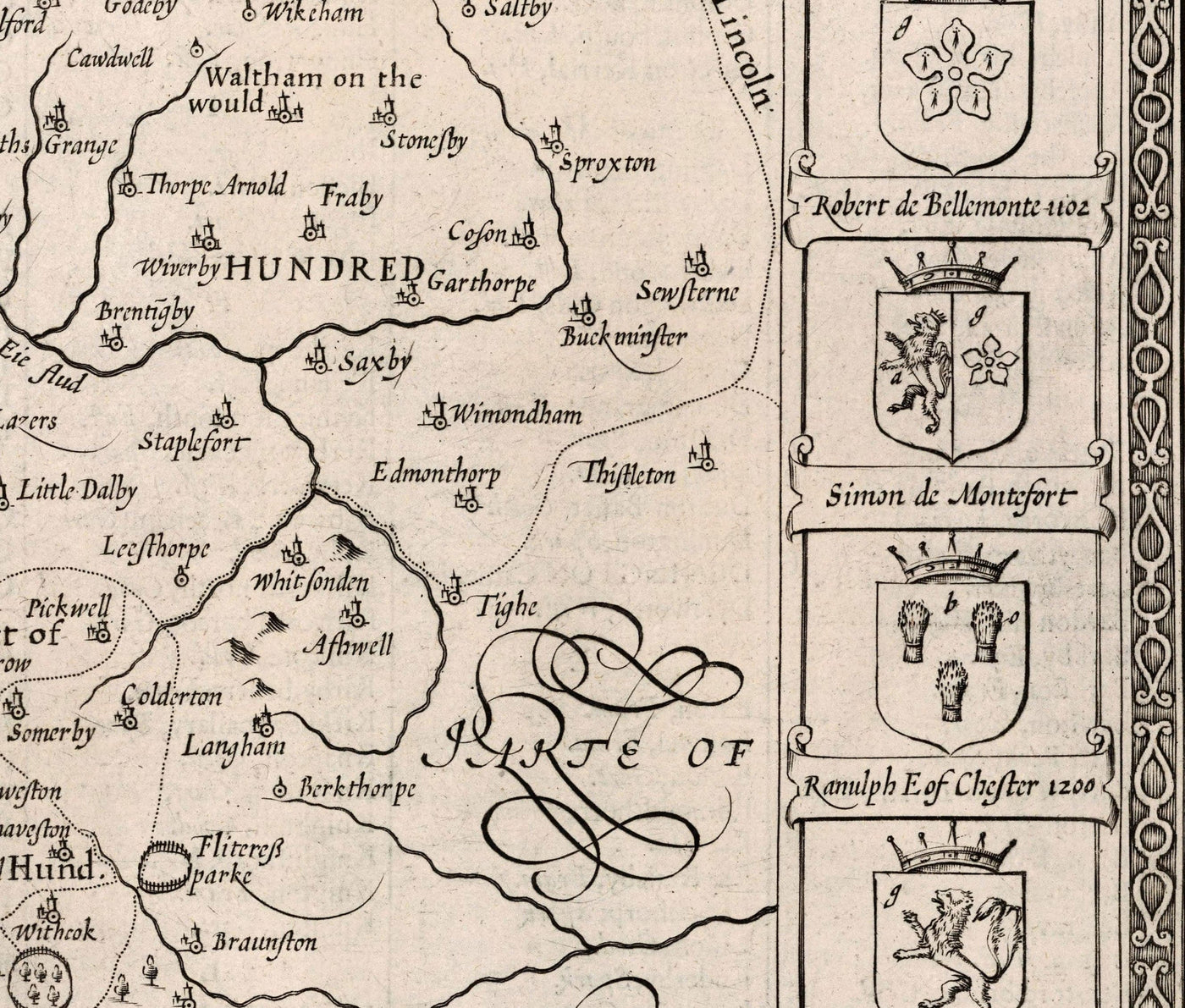 Old Monochrome Map of Leicestershire, 1611 by John Speed - Leicester, Loughborough, Hinckley, Wigston, Melton Mowbray