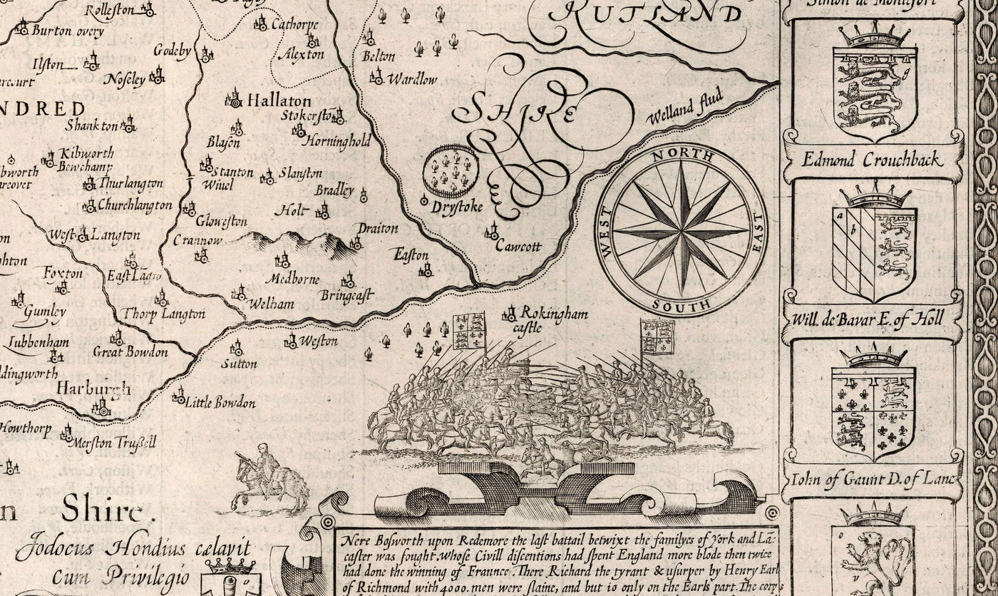 Alte monochrome Karte von Leicestershire, 1611 von John Speed ​​- Leicester, Loughborough, Hinckley, Wigston, Melton Mowbray