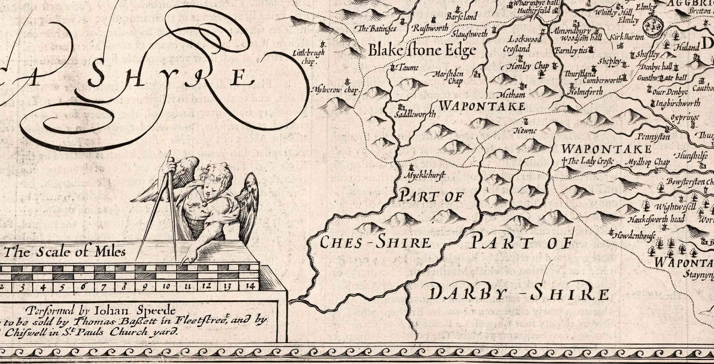 Old Monochrome Map of West Yorkshire, 1611 par John Speed ​​- York, Bradford, Sheffield, Leeds, Huddersfield, Harrogate, Skipton