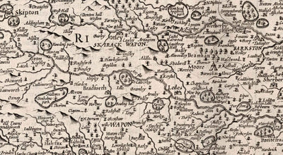 Alte monochrome Karte von West Yorkshire, 1611 von John Speed ​​- York, Bradford, Sheffield, Leeds, Huddersfield, Harrogate, Skipton