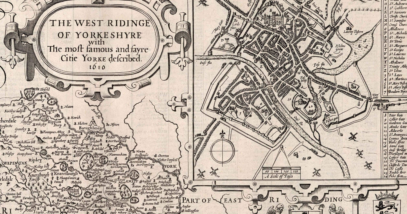 Alte monochrome Karte von West Yorkshire, 1611 von John Speed ​​- York, Bradford, Sheffield, Leeds, Huddersfield, Harrogate, Skipton
