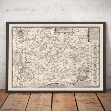 Antiguo mapa monocromo de Leicestershire, 1611 por John Speed - Leicester, Loughborough, Hinckley, Wigston, Melton Mowbray