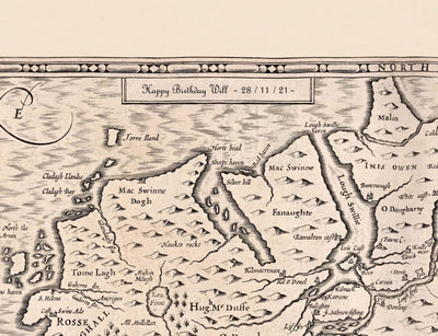 Antiguo mapa monocromo de West Yorkshire, 1611 por John Speed - York, Bradford, Sheffield, Leeds, Huddersfield, Harrogate, Skipton