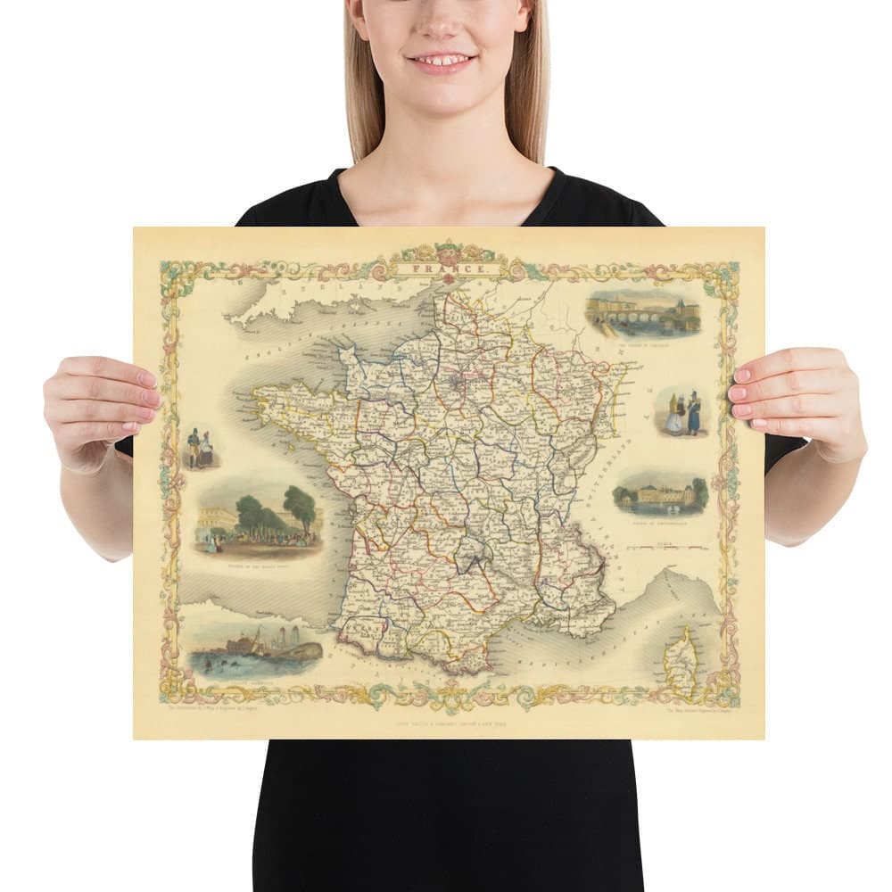 Carte ancienne de France, 1851 par Tallis & Rapkin - Paris, Calais, Toulouse, Nice, Bordeaux, départements et comtés