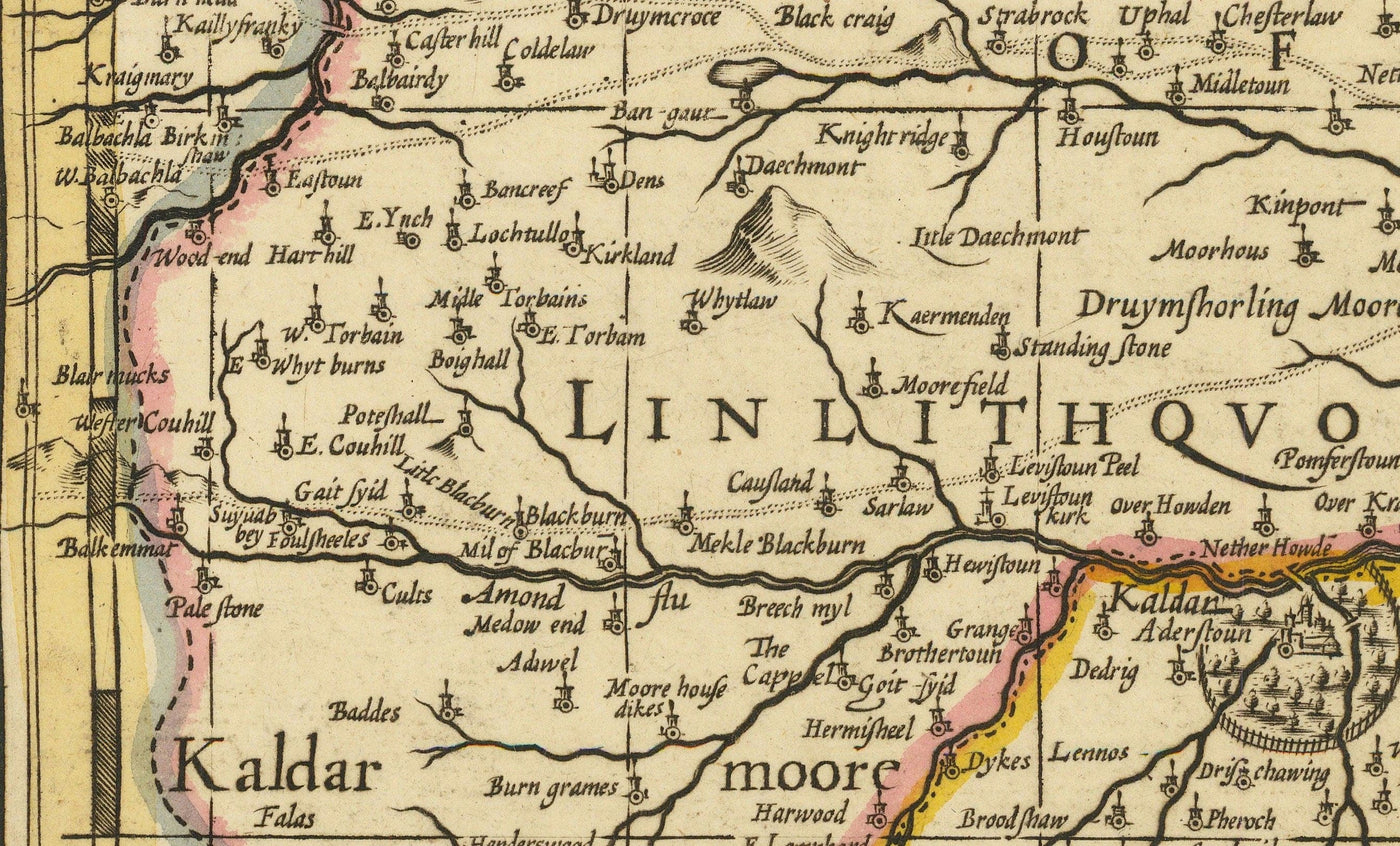 Mapa antiguo de Lothian y Edimburgo, 1690 - Queensferry, Linlithgow, Firth of Forth, Haddington, Dalkeith, Loanhead