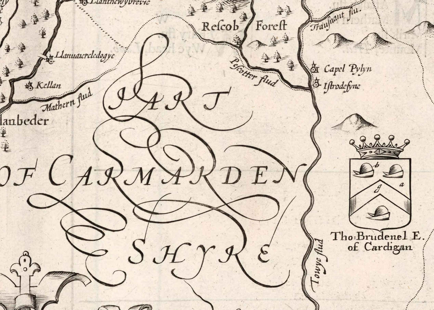 Alte monochrome Karte von Ceredigion, Wales, 1611 von John Speed ​​- Aberystwyth, Cardigan, Aberporth, Aberarth